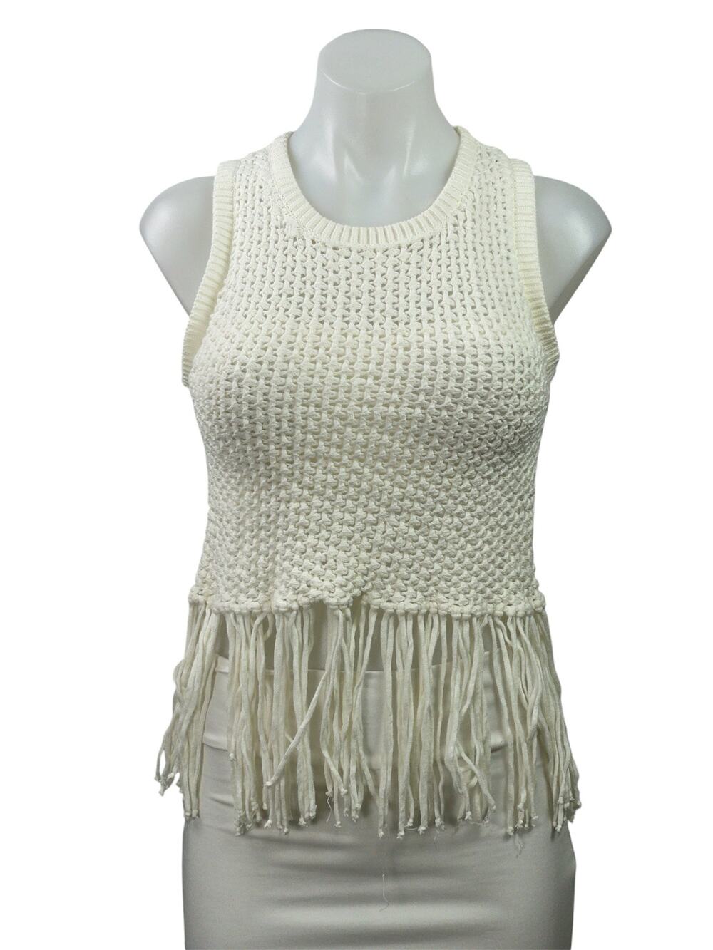 Piombo Women's White Knitted Crochet Fringed Tassle Sleeveless Tank Top Size XS